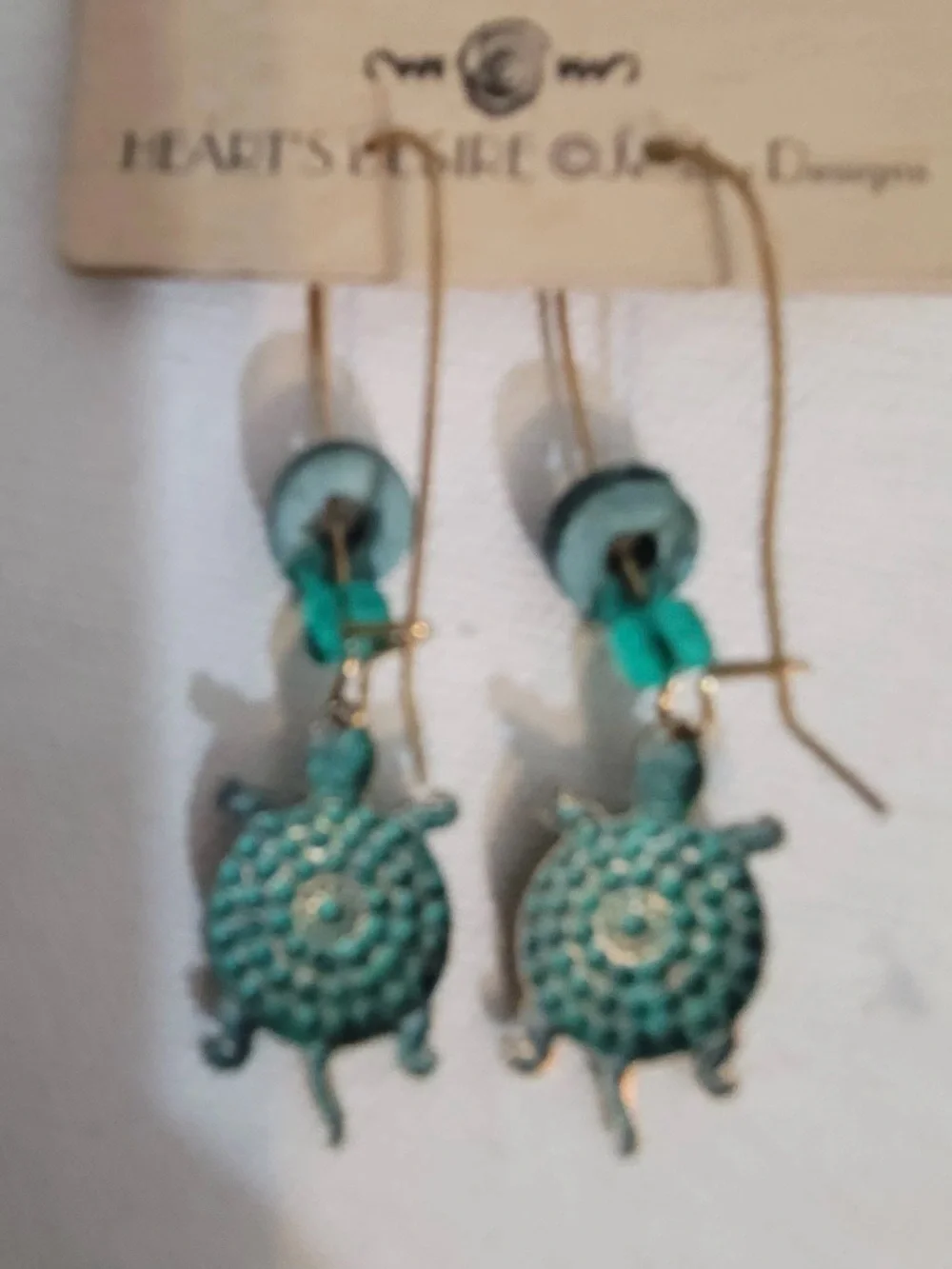 Vintage Heart's Desire Jewelry Designs Turtle Charm Dangle Bead Earrings Boho
